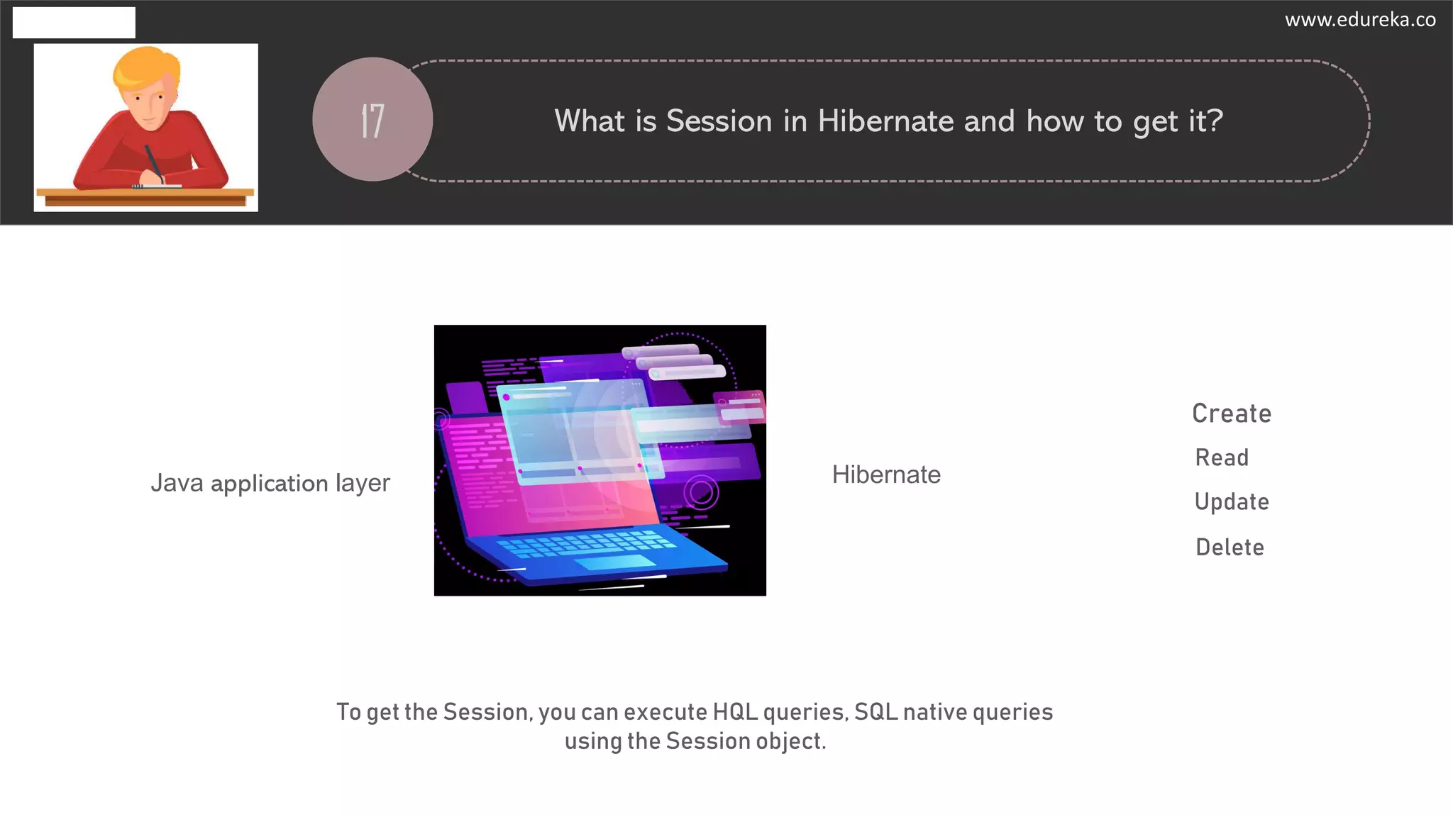17 What is Session in Hibernate and how to get it?
Java application layer Hibernate
Create
Read
Update
Delete
To get the Session, you can execute HQL queries, SQL native queries
using the Session object.
www.edureka.co
 
