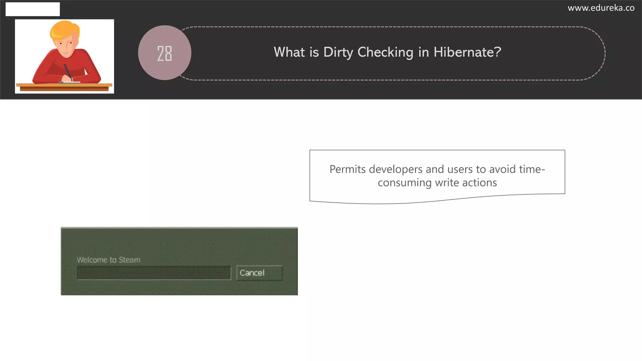 28 What is Dirty Checking in Hibernate?
Permits developers and users to avoid time-
consuming write actions
www.edureka.co
 