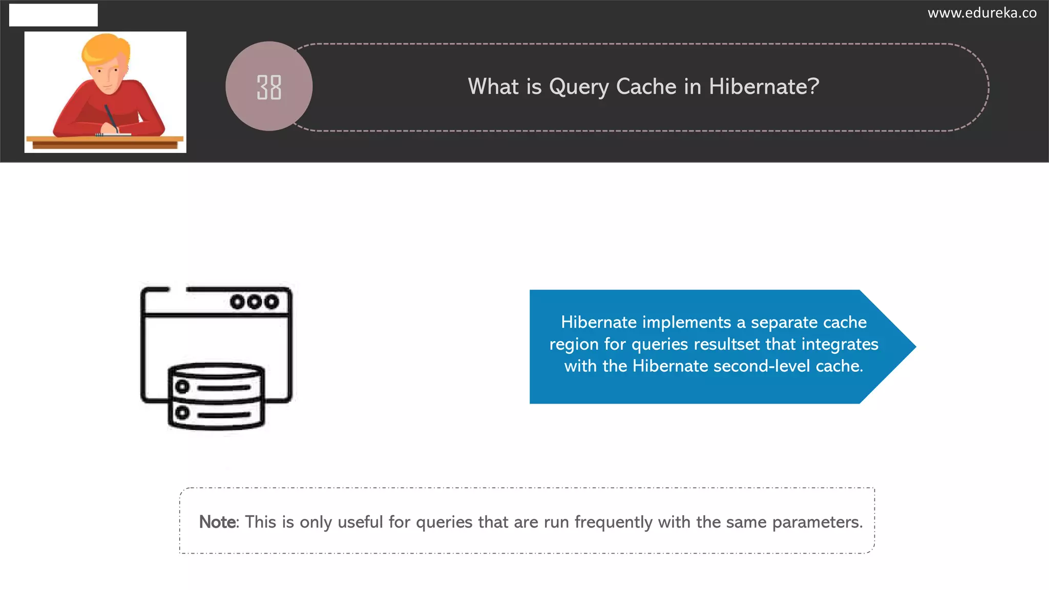 38 What is Query Cache in Hibernate?
Hibernate implements a separate cache
region for queries resultset that integrates
with the Hibernate second-level cache.
Note: This is only useful for queries that are run frequently with the same parameters.
www.edureka.co
 