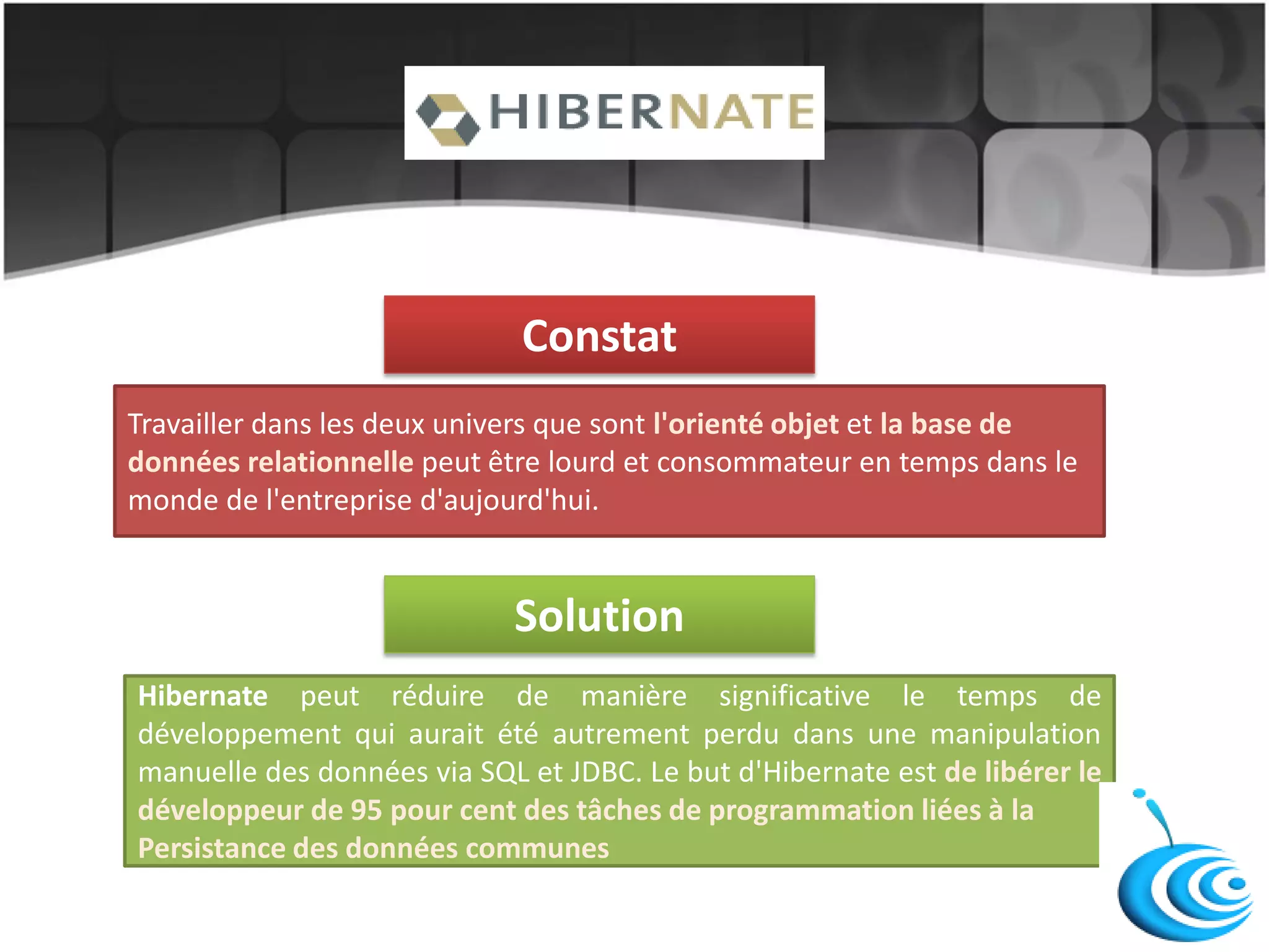 HIBERNATE
Constat
Travailler dans les deux univers que sont l'orienté objet et la base de
données relationnelle peut être lourd et consommateur en temps dans le
monde de l'entreprise d'aujourd'hui.
Solution
Hibernate peut réduire de manière significative le temps de
développement qui aurait été autrement perdu dans une manipulation
manuelle des données via SQL et JDBC. Le but d'Hibernate est de libérer le
développeur de 95 pour cent des tâches de programmation liées à la
Persistance des données communes
 
