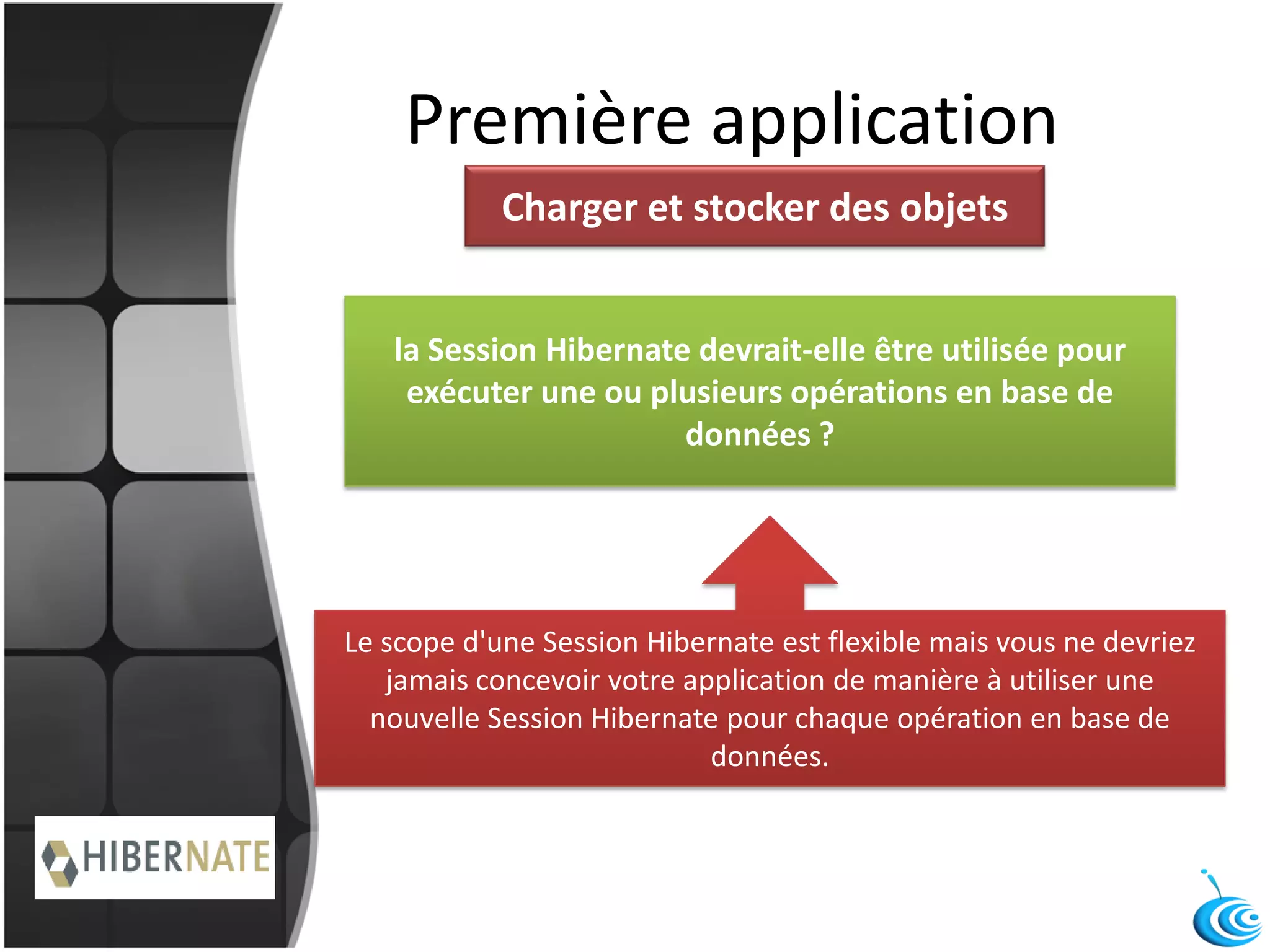 Première application
Charger et stocker des objets
la Session Hibernate devrait-elle être utilisée pour
exécuter une ou plusieurs opérations en base de
données ?
Le scope d'une Session Hibernate est flexible mais vous ne devriez
jamais concevoir votre application de manière à utiliser une
nouvelle Session Hibernate pour chaque opération en base de
données.
 