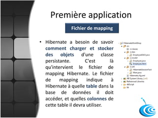 Première application
• Hibernate a besoin de savoir
comment charger et stocker
des objets d'une classe
persistante. C'est là
qu'intervient le fichier de
mapping Hibernate. Le fichier
de mapping indique à
Hibernate à quelle table dans la
base de données il doit
accéder, et quelles colonnes de
cette table il devra utiliser.
Fichier de mapping
 