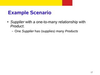 Example Scenario
●   Supplier with a one-to-many relationship with
    Product.
    –   One Supplier has (supplies) many Products




                                                    17
 