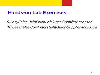 Hands-on Lab Exercises
9.LazyFalse-JoinFetchLeftOuter-SupplierAccessed
10.LazyFalse-JoinFetchRightOuter-SupplierAccessed




                                             21
 