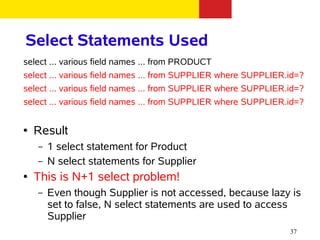 Select Statements Used
select ... various field names ... from PRODUCT
select ... various field names ... from SUPPLIER where SUPPLIER.id=?
select ... various field names ... from SUPPLIER where SUPPLIER.id=?
select ... various field names ... from SUPPLIER where SUPPLIER.id=?


●   Result
    –   1 select statement for Product
    –   N select statements for Supplier
●   This is N+1 select problem!
    –   Even though Supplier is not accessed, because lazy is
        set to false, N select statements are used to access
        Supplier
                                                                37
 