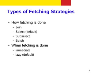 Types of Fetching Strategies
●   How fetching is done
    –   Join
    –   Select (default)
    –   Subselect
    –   Batch
●   When fetching is done
    –   immediate
    –   lazy (default)



                               5
 
