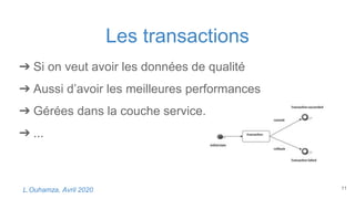 Les transactions
➔ Si on veut avoir les données de qualité
➔ Aussi d’avoir les meilleures performances
➔ Gérées dans la couche service.
➔ ...
11L.Ouhamza, Avril 2020
 