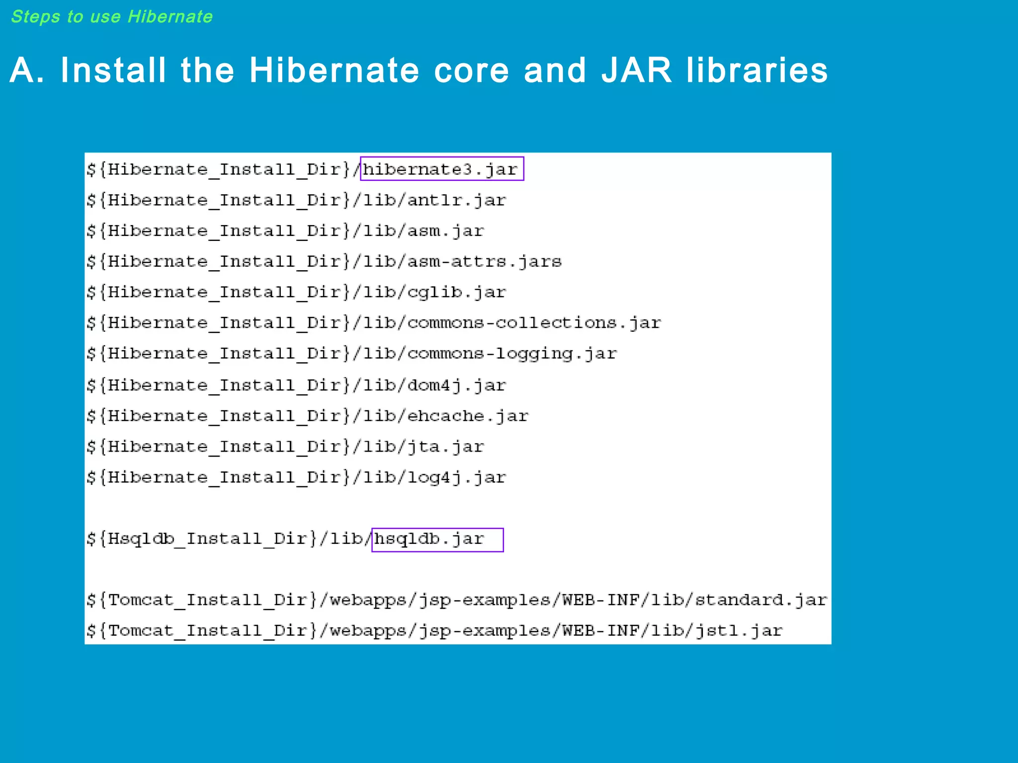 Steps to use Hibernate

A. Install the Hibernate core and JAR libraries

 