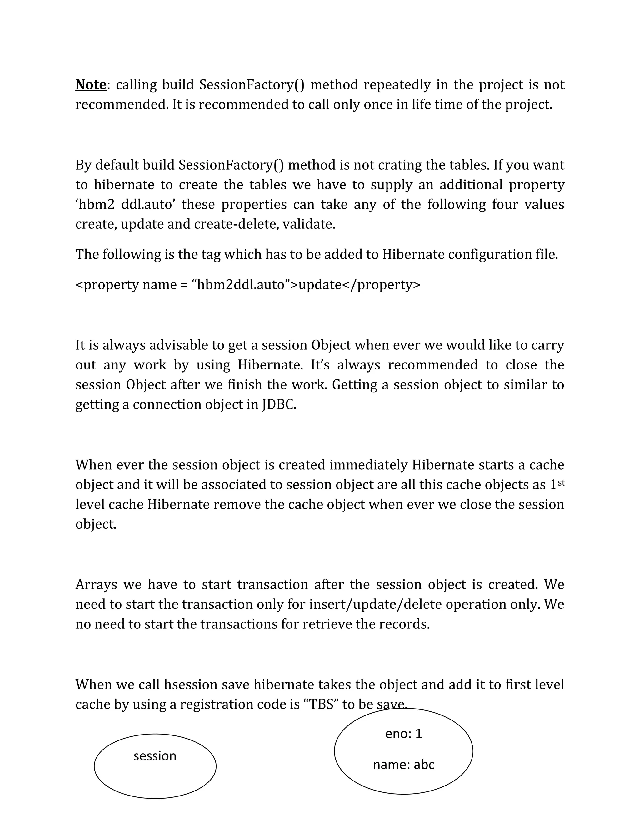 Note: calling build SessionFactory() method repeatedly in the project is not
recommended. It is recommended to call only once in life time of the project.
By default build SessionFactory() method is not crating the tables. If you want
to hibernate to create the tables we have to supply an additional property
‘hbm2 ddl.auto’ these properties can take any of the following four values
create, update and create-delete, validate.
The following is the tag which has to be added to Hibernate configuration file.
<property name = “hbm2ddl.auto”>update</property>
It is always advisable to get a session Object when ever we would like to carry
out any work by using Hibernate. It’s always recommended to close the
session Object after we finish the work. Getting a session object to similar to
getting a connection object in JDBC.
When ever the session object is created immediately Hibernate starts a cache
object and it will be associated to session object are all this cache objects as 1st
level cache Hibernate remove the cache object when ever we close the session
object.
Arrays we have to start transaction after the session object is created. We
need to start the transaction only for insert/update/delete operation only. We
no need to start the transactions for retrieve the records.
When we call hsession save hibernate takes the object and add it to first level
cache by using a registration code is “TBS” to be save.
session
eno: 1
name: abc
address: hyd
 