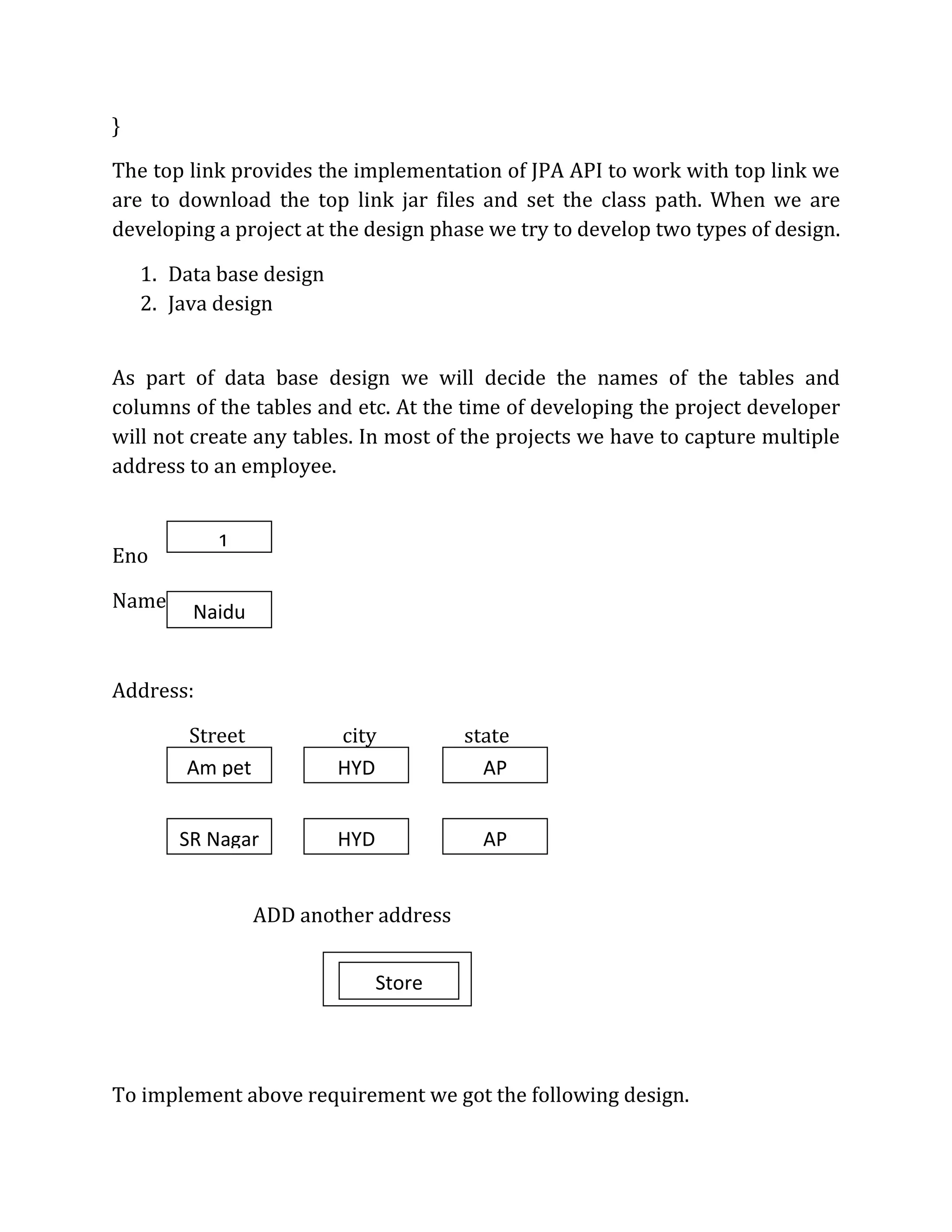 }
The top link provides the implementation of JPA API to work with top link we
are to download the top link jar files and set the class path. When we are
developing a project at the design phase we try to develop two types of design.
1. Data base design
2. Java design
As part of data base design we will decide the names of the tables and
columns of the tables and etc. At the time of developing the project developer
will not create any tables. In most of the projects we have to capture multiple
address to an employee.
Eno
Name
Address:
Street city state
ADD another address
To implement above requirement we got the following design.
1
Am pet
Naidu
HYD
HYD
SR Nagar
AP
AP
Store
 