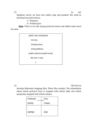 11. In our
database server we have two tables emp and product. We need to
develop two proto classes.
a. Emp.java
b. Product.java
Note: There is no rule saying protocol names and tables name must
be same.
12. We have to
develop Hibernate mapping files. These files contain. The information
about which protocol class is mapped with which table and which
properties mapped with which column.
Employee Emp
(POJO) (Table)
EMPNO ENO
EMPNAME NAME
public class employee{
int eno;
string ename;
string eddress;
public void set eno(int eno){
this.eno = eno;
}
public int geteno(){
return eno;
}
 