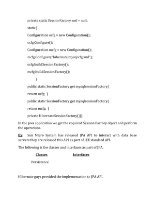 private static SessionFactory msf = null;
static{
Configuration ocfg = new Configuration();
ocfg.Configure();
Configuration mcfg = new Configuration();
mcfg.Configure(“hibernate.mysql.cfg.xml”);
ocfg.buildSessionFactory();
mcfg.buildSessionFactory();
}
public static SessionFactory get mysqlsessionFactory{
return ocfg; }
public static SessionFactory get mysqlsessionFactory{
return mcfg; }
private HibernateSessionFactory(){}
In the java application we get the required Session Factory object and perform
the operations.
Ex: Sun Micro System has released JPA API to interact with data base
servers they are released this API as part of JEE standard API.
The following is the classes and interfaces as part of JPA.
Classes Interfaces
Persistence
Hibernate guys provided the implementation to JPA API.
 