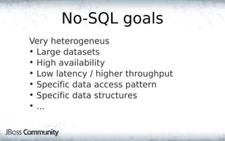 No-SQL goals
Very heterogeneus
• Large datasets
• High availability
• Low latency / higher throughput
• Specific data acce...