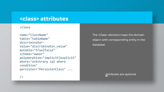 <class> attributes
<class
name="ClassName"
table="tableName"
discriminator-
value="discriminator_value"
mutable="true|false"
schema="owner"
polymorphism="implicit|explicit"
where="arbitrary sql where
condition"
persister="PersisterClass" ...
/>
Attributes are optional
The <Class> element maps the domain
object with corresponding entity in the
database.
 