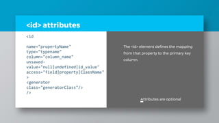 <id> attributes
<id
name="propertyName"
type="typename"
column="column_name"
unsaved-
value="null|undefined|id_value"
access="field|property|ClassName"
>
<generator
class="generatorClass"/>
/>
Attributes are optional
The <id> element defines the mapping
from that property to the primary key
column.
 