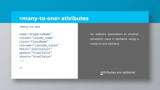 <many-to-one> attributes
<many-to-one
name="propertyName"
column="column_name"
class="ClassName"
cascade="cascade_style"
fetch="join|select"
update="true|false"
insert="true|false"
...
/>
Attributes are optional
An ordinary association to another
persistent class is declared using a
many-to-one element.
 