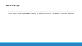 These are the POJO objects that will map to the corresponding tables of the relational database.
Persistence object
 