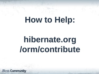 Misc. Tips (cont'd)
• One-shot delete (non-inverse collections)
– Scenario: 20 elements, need to delete 18 & add 3
– Default: Hibernate would delete the 18 one-byone, then add the 3
– Instead:
• Discard the entire collection (deletes all elements)
• Save a new collection with 5 elements
• 1 bulk delete SQL and 5 inserts

– Important concept for large amounts of data

 