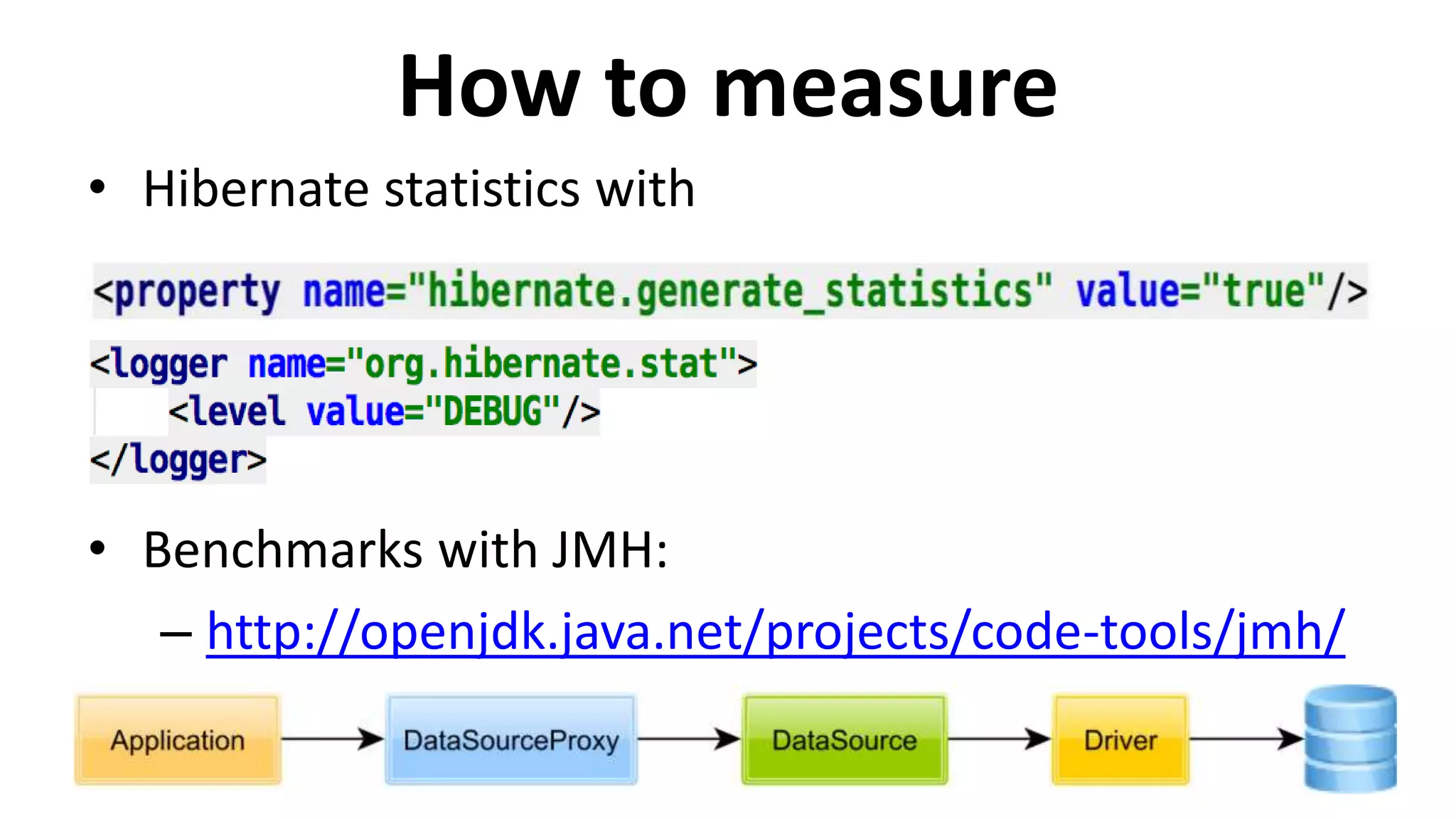 How to measure
• Hibernate statistics with
• Benchmarks with JMH:
– http://openjdk.java.net/projects/code-tools/jmh/
 
