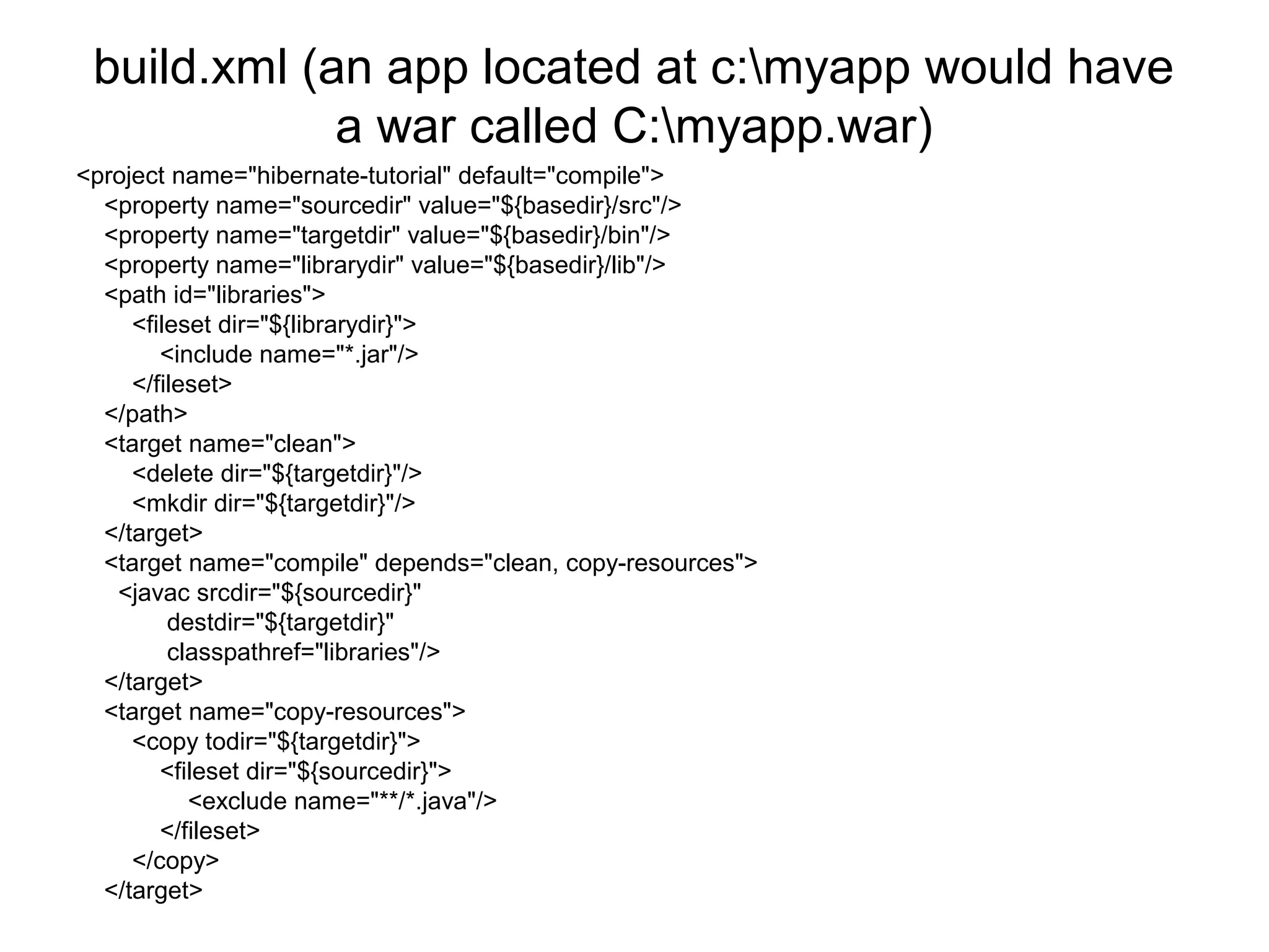 build.xml (an app located at c:myapp would have
a war called C:myapp.war)
<project name="hibernate-tutorial" default="compile">
<property name="sourcedir" value="${basedir}/src"/>
<property name="targetdir" value="${basedir}/bin"/>
<property name="librarydir" value="${basedir}/lib"/>
<path id="libraries">
<fileset dir="${librarydir}">
<include name="*.jar"/>
</fileset>
</path>
<target name="clean">
<delete dir="${targetdir}"/>
<mkdir dir="${targetdir}"/>
</target>
<target name="compile" depends="clean, copy-resources">
<javac srcdir="${sourcedir}"
destdir="${targetdir}"
classpathref="libraries"/>
</target>
<target name="copy-resources">
<copy todir="${targetdir}">
<fileset dir="${sourcedir}">
<exclude name="**/*.java"/>
</fileset>
</copy>
</target>
 