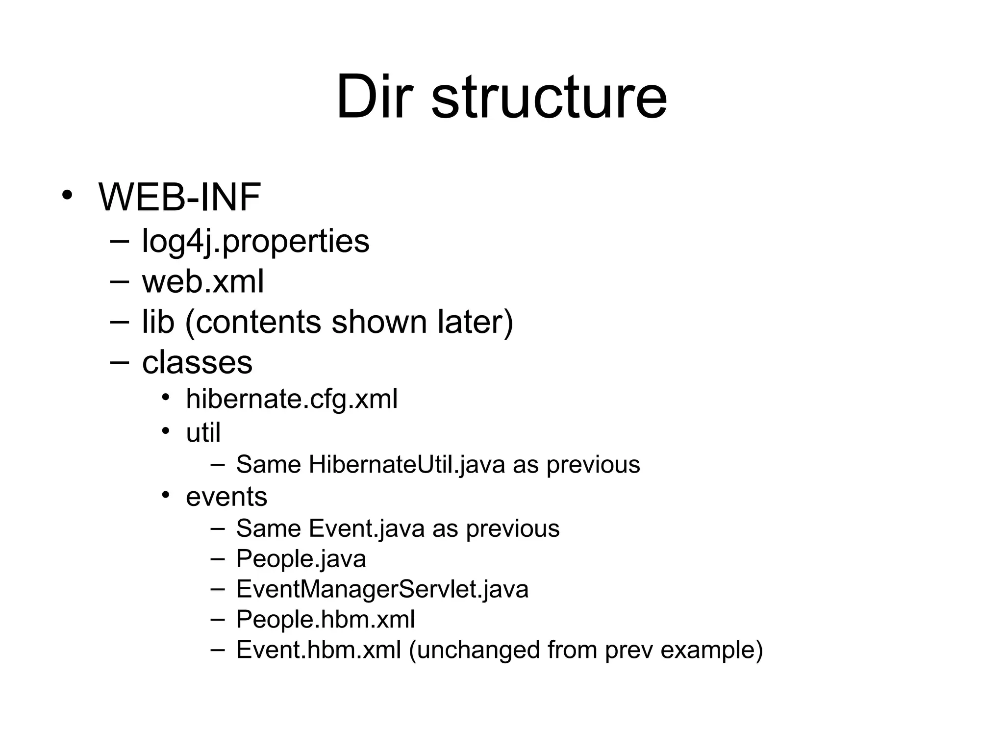 Dir structure
• WEB-INF
– log4j.properties
– web.xml
– lib (contents shown later)
– classes
• hibernate.cfg.xml
• util
– Same HibernateUtil.java as previous
• events
– Same Event.java as previous
– People.java
– EventManagerServlet.java
– People.hbm.xml
– Event.hbm.xml (unchanged from prev example)
 