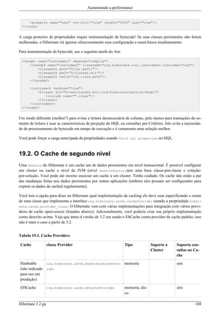 Aumentando a performance


      <property name="text" not-null="true" length="2000" lazy="true"/>
  </class>


A carga posterior de propriedades requer instrumentação de bytecode! Se suas classes persistentes não forem
melhoradas, o Hibernate irá ignorar silenciosamente essa configuração e usará busca imediatamente.

Para instrumentação de bytecode, use a seguinte tarefa do Ant:

  <target name="instrument" depends="compile">
      <taskdef name="instrument" classname="org.hibernate.tool.instrument.InstrumentTask">
          <classpath path="${jar.path}"/>
          <classpath path="${classes.dir}"/>
          <classpath refid="lib.class.path"/>
      </taskdef>

      <instrument verbose="true">
          <fileset dir="${testclasses.dir}/org/hibernate/auction/model">
              <include name="*.class"/>
          </fileset>
      </instrument>
  </target>


Um modo diferente (melhor?) para evitar a leitura desnecessária de colunas, pelo menos para transações de so-
mente de leitura é usar as características de projeção do HQL ou consultas por Critérios. Isto evita a necessida-
de de processamento de bytecode em tempo de execução e é certamente uma solução melhor.

Você pode forçar a carga antecipada da propriedades usando fetch all properties no HQL.


19.2. O Cache de segundo nível
Uma Session do Hibernate é um cache um de dados persistentes em nivel transacional. É possível configurar
um cluster ou cache a nível da JVM (nível SessionFactory)em uma base classe-por-classe e coleção-
por-coleção. Você pode até mesmo associar um cache a um cluster. Tenha cuidado. Os cache não estão a par
das mudanças feitas nos dados persistentes por outras aplicações (embora eles possam ser configurados para
expirar os dados de cached regularmente).

Você tem a opção para dizer ao Hibernate qual implementação de caching ele deve usar especificando o nome
de uma classe que implementa a interface org.hibernate.cache.CacheProvider usando a propriedade hiber-
nate.cache.provider_class. O Hibernate vem com várias implementações para integração com vários provi-
derss de cache open-source (listados abaixo); Adicionalmente, você poderia criar sua próprio implementação
como descrito acima. Veja que antes d versão de 3.2 era usado o EhCache como provider de cache padrão; isso
não é mais o caso a partir de 3.2.


Tabela 19.1. Cache Providers

Cache              classe Provider                               Tipo            Suporte a       Suporta con-
                                                                                 Cluster         sultas no Ca-
                                                                                                 che

Hashtable     org.hibernate.cache.HashtableCacheProv memoria                                     sim
(não indicado ider
para uso em
produção)

EHCache            org.hibernate.cache.EhCacheProvider           memoria, dis-                   sim
                                                                 co

Hibernate 3.2 ga                                                                                             188
 