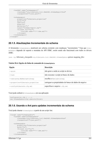Guia de ferramentas


      <taskdef name="schemaexport"
          classname="org.hibernate.tool.hbm2ddl.SchemaExportTask"
          classpathref="class.path"/>

     <schemaexport
         properties="hibernate.properties"
         quiet="no"
         text="no"
         drop="no"
         delimiter=";"
         output="schema-export.sql">
         <fileset dir="src">
             <include name="**/*.hbm.xml"/>
         </fileset>
     </schemaexport>
 </target>



20.1.5. Ataulizações Incrementais do schema

A ferramenta SchemaUpdate atualizará um schema existente com mudanças "incrementais." Veja que Sche-
maUpdate depende do suporte a metadata da API JDBC, assim sendo não funcionará com todos os drivers
JDBC.

java -cp   hibernate_classpaths org.hibernate.tool.hbm2ddl.SchemaUpdate options mapping_files


Tabela 20.4. Opções de linha de comando do SchemaUpdate

Opção                                        Descrição

--quiet                                      não gerar a saida no script no device

--text                                       não executar o script no banco de dados

--naming=eg.MyNamingStrategy                 escolha a NamingStrategy

--properties=hibernate.properties            carreguar as propriedades do banco de dados do arquivo

--config=hibernate.cfg.xml                   especificar o arquivo .cfg.xml


Você pode embutir o SchemaUpdate em sua aplicação:

 Configuration cfg = ....;
 new SchemaUpdate(cfg).execute(false);



20.1.6. Usando o Ant para updates incrementais do schema

Você pode chamar SchemaUpdate a partir de um script Ant:

 <target name="schemaupdate">
     <taskdef name="schemaupdate"
         classname="org.hibernate.tool.hbm2ddl.SchemaUpdateTask"
         classpathref="class.path"/>

      <schemaupdate
          properties="hibernate.properties"
          quiet="no">
          <fileset dir="src">
              <include name="**/*.hbm.xml"/>
          </fileset>
      </schemaupdate>

Hibernate 3.2 ga                                                                                      201
 
