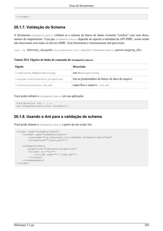 Guia de ferramentas


 </target>



20.1.7. Validação do Schema

A ferramenta SchemaValidator validará se o schema de banco de dados existente "confere" com seus docu-
mentos de mapeamento. Veja que SchemaValidator depende do suporte a metadata da API JDBC, assim sendo
não funcionará com todos os drivers JDBC. Esta ferramenta é extremamente útil para testes.

java -cp   hibernate_classpaths org.hibernate.tool.hbm2ddl.SchemaValidator options mapping_files


Tabela 20.5. Opções de linha de comando do SchemaValidator

Opção                                        Descrição

--naming=eg.MyNamingStrategy                 use oNamingStrategy

--properties=hibernate.properties            leia as propriedades do banco de daos do arquivo

--config=hibernate.cfg.xml                   especifica o arquivo .cfg.xml


Você pode embutir o SchemaValidator em sua aplicação:

 Configuration cfg = ....;
 new SchemaValidator(cfg).validate();



20.1.8. Usando o Ant para a validação de schema

Você pode chamar o SchemaValidator a partir de um script Ant:

 <target name="schemavalidate">
     <taskdef name="schemavalidator"
         classname="org.hibernate.tool.hbm2ddl.SchemaValidatorTask"
         classpathref="class.path"/>

     <schemavalidator
         properties="hibernate.properties">
         <fileset dir="src">
             <include name="**/*.hbm.xml"/>
         </fileset>
     </schemaupdate>
 </target>




Hibernate 3.2 ga                                                                                   202
 