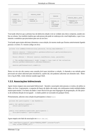 Introdução ao Hibernate



     _____________          __________________
   |              |       |                    |        _____________
   |    EVENTS     |      |    PERSON_EVENT    |      |               |     ___________________
   |_____________|        |__________________|        |     PERSON    |   |                     |
   |              |       |                    |      |_____________|     | PERSON_EMAIL_ADDR |
   | *EVENT_ID     | <--> | *EVENT_ID          |      |               |   |___________________|
   | EVENT_DATE |         | *PERSON_ID         | <--> | *PERSON_ID | <--> | *PERSON_ID         |
   | TITLE         |      |__________________|        | AGE           |   | *EMAIL_ADDR         |
   |_____________|                                    | FIRSTNAME |       |___________________|
                                                      | LASTNAME      |
                                                      |_____________|



Você pode observar que a primary key da tabela da coleção é de na verdade uma chave composta, usando am-
bas as colunas. Isso também implica que cada pessoa não pode ter endereços de e-mail duplicados, o que é exa-
tamente a semântica que precisamos para um set em Java.

Você pode agora tentar adicionar elementos a essa coleção, do mesmo modo que fizemos anteriormente ligando
pessoas e eventos. È o mesmo código em Java:

 private void addEmailToPerson(Long personId, String emailAddress) {

      Session session = HibernateUtil.getSessionFactory().getCurrentSession();
      session.beginTransaction();

      Person aPerson = (Person) session.load(Person.class, personId);

      // The getEmailAddresses() might trigger a lazy load of the collection
      aPerson.getEmailAddresses().add(emailAddress);

      session.getTransaction().commit();
 }


Desta vez nós nós não usamos uma consulta fetch para inicializar a coleção. A chamada a seu método getter
provocará um select adicional para inicializá-la, a partir dai, nós podemos adicionar um elemento nela . Moni-
tore o log do SQL e tente otimizar usando eager fetch.


1.3.5. Associações bidirecionais

Agora iremos mapear uma associação bidirecional – fazendo a associação entre pessoas e eventos, de ambos os
lados, em Java. Logicamente, o esquema do banco de dados não muda, nós continuamos tendo multiplicidades
muitos-para-muitos. Um banco de dados é mais flexível do que uma linguagem de programação, ele não preci-
sa de nenhuma direção de navegação – os dados podem ser acessados de qualquer forma.

Primeiramente, adicione uma coleção de participantes à classe Event:

 private Set participants = new HashSet();

 public Set getParticipants() {
     return participants;
 }

 public void setParticipants(Set participants) {
     this.participants = participants;
 }


Agora mapeie este lado da associação em Event.hbm.xml.

 <set name="participants" table="PERSON_EVENT" inverse="true">
     <key column="EVENT_ID"/>


Hibernate 3.2 ga                                                                                           15
 