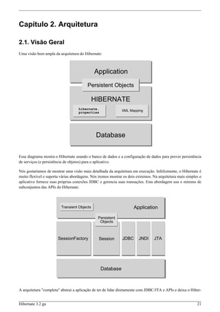 Capítulo 2. Arquitetura

2.1. Visão Geral
Uma visão bem ampla da arquitetura do Hibernate:




Esse diagrama mostra o Hibernate usando o banco de dados e a configuração de dados para prover persistência
de serviços (e persistência de objetos) para o aplicativo.

Nós gostaríamos de mostrar uma visão mais detalhada da arquitetura em execução. Infelizmente, o Hibernate é
muito flexível e suporta várias abordagens. Nós iremos mostrar os dois extremos. Na arquitetura mais simples o
aplicativo fornece suas próprias conexões JDBC e gerencia suas transações. Esta abordagem usa o mínimo de
subconjuntos das APIs do Hibernate:




A arquitetura "completa" abstrai a aplicação de ter de lidar diretamente com JDBC/JTA e APIs e deixa o Hiber-


Hibernate 3.2 ga                                                                                           21
 