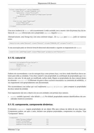 Mapeamento O/R Bassico


    <class name="person" table="PERSON">
        <id name="id" column="PERSON_ID">
            <generator class="foreign">
                <param name="property">employee</param>
            </generator>
        </id>
        ...
        <one-to-one name="employee"
            class="Employee"
            constrained="true"/>
    </class>


Uma nova instância de Person salva recentemente é então assinada com o mesmo valor da primary key da ins-
tância de employee referenciada com a propriedade employee daquela Person.

Alternativamente, uma foreign key com uma constraint unique , de Employee para Person, pode ser expressa
como:

    <many-to-one name="person" class="Person" column="PERSON_ID" unique="true"/>


E esta associação pode ser feita de forma bi-direcional adicionando o seguinte no mapeamento de Person:

    <one-to-one name"employee" class="Employee" property-ref="person"/>



5.1.12. natural-id

    <natural-id mutable="true|false"/>
            <property ... />
            <many-to-one ... />
            ......
    </natural-id>


Embora nós recomendemos o uso de surrogate keys como primary keys, você deve ainda identificar chaves na-
turais para todas as entidades. Uma chave natural é uma propriedade ou combinação de propriedades que é ex-
clusiva e não nula. Se não pude ser modificada, melhor ainda. Mapeie as propriedades da chave natural dentro
do elemento <natural-id>. O Hibernate irá gerar a chave exclusiva necessária e as constraints de nullability , e
seu mapeamento será apropriadamente auto documentado.

Nós recomendamos com enfase que você implemente equals() e hashCode() para comparar as propriedades
da chave natural da entidade.

Este mapeamento não tem o objetivo de uso com entidades com primary keys naturais.

•    mutable  mutable (opcional, valor defaultfalse): Por default, propriedades naturais identificadoras são con-
     sideradas imutáveis (constante).


5.1.13. componente, componente dinâmico.

O elemento<component> mapeia propriedades de um objeto filho para colunas da tabela de uma classe pai.
Componentes podem, um após o outro, declarar suas próprias propriedades, componentes ou coleções. Veja
"Components" abaixo.

    <component
            name="propertyName"                        (1)
            class="className"                          (2)
            insert="true|false"                        (3)
            update="true|false"                        (4)


Hibernate 3.2 ga                                                                                              65
 