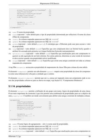 Mapeamento O/R Bassico


              access="field|property|ClassName"        (5)
              lazy="true|false"                        (6)
              optimistic-lock="true|false"             (7)
              unique="true|false"                      (8)
              node="element-name|."
 >

         <property ...../>
         <many-to-one .... />
         ........
 </component>


(1)   name:  O nome da propriedade.
(2)   class   (opcional – valor default para o tipo de propriedade determinada por reflection): O nome da classe
      (filha) do componente.
(3)   insert: As colunas mapeadas aparecem nos SQL de INSERTs?
(4)   update: As colunas mapeadas aparecem nos SQL de UPDATEs?
(5)   access (opcional – valor default property): A estratégia que o Hibernate pode usar para acessar o valor
      da propriedade.
(6)   lazy (opcional - valor default false): Especifica que este componente deve ser fetched lazily quando o
      atributo for acessado pela primeira vez (requer build-time bytecode instrumentation).
(7)   optimistic-lock (opcional – valor default true): Especifica que atualizações para este componente re-
      querem ou não aquisição de um lock otimista. Em outras palavras, determina se uma versão de incremen-
      to deve ocorrer quando esta propriedade estiver modificada.
(8)   unique (opcional – valor default false): Especifica que existe uma unique constraint em todas as colunas
      mapeadas do componente.

A tag filha <property> acrescenta a propriedade de mapeamento da classe filha para colunas de uma tabela.

O elemento <component> permite um sub-elemento <parent> mapeie uma propriedade da classe do componen-
te como uma referencia de volta para a entidade que o contém.

O elemento <dynamic-component> permite que um Map possa ser mapeado como um componente onde os no-
mes das propriedades referem-se para as chaves no mapa, veja Seção 8.5, “Componentes Dinâmicos”.


5.1.14. propriedades

O elemento <properties> permite a definição de um grupo com nome, lógico de propriedades de uma classe.
O uso mais importante do construtor é que este permite uma combinação de propriedades para ser o objetivo de
uma property-ref. É também um modo conveninente para definir uma unique constraint de múltiplas colunas.

 <properties
         name="logicalName"                            (1)
         insert="true|false"                           (2)
         update="true|false"                           (3)
         optimistic-lock="true|false"                  (4)
         unique="true|false"                           (5)
 >

         <property ...../>
         <many-to-one .... />
         ........
 </properties>


(1)   name::O nome lógico do agrupamento – não é o nome atual de propriedade.
(2)   insert: As colunas mapeadas aparecem nos SQL de INSERTs?
(3)   update: As colunas mapeadas aparecem nos SQL de UPDATEs?
(4)   optimistic-lock (opcional – valor default true): Especifica que atualizações para estes componentes re-


Hibernate 3.2 ga                                                                                             66
 