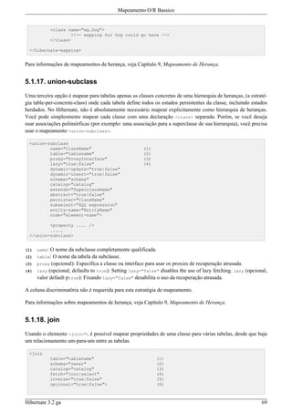 Mapeamento O/R Bassico


              <class name="eg.Dog">
                       <!-- mapping for Dog could go here -->
              </class>

  </hibernate-mapping>


Para informações de mapeamentos de herança, veja Capítulo 9, Mapeamento de Herança.


5.1.17. union-subclass

Uma terceira opção é mapear para tabelas apenas as classes concretas de uma hierarquia de heranças, (a estraté-
gia table-per-concrete-class) onde cada tabela define todos os estados persistentes da classe, incluindo estados
herdados. No Hibernate, não é absolutamente necessário mapear explicitamente como hierarquia de heranças.
Você pode simplesmente mapear cada classe com uma declaração <class> separada. Porém, se você deseja
usar associações polimórficas (por exemplo: uma associação para a superclasse de sua hierarquia), você precisa
usar o mapeamento <union-subclass>.

  <union-subclass
          name="ClassName"                             (1)
          table="tablename"                            (2)
          proxy="ProxyInterface"                       (3)
          lazy="true|false"                            (4)
          dynamic-update="true|false"
          dynamic-insert="true|false"
          schema="schema"
          catalog="catalog"
          extends="SuperclassName"
          abstract="true|false"
          persister="ClassName"
          subselect="SQL expression"
          entity-name="EntityName"
          node="element-name">

          <property .... />
          .....
  </union-subclass>


(1)   name: O nome da subclasse completamente qualificada.
(2)   table: O nome da tabela da subclasse.
(3)   proxy (opcional): Especifica a classe ou interface para usar os proxies de recuperação atrasada.
(4)   lazy (opcional, defaults to true): Setting lazy="false" disables the use of lazy fetching. lazy (opcional,
      valor default ptrue): Fixando lazy="false" desabilita o uso da recuperação atrasada.

A coluna discriminatõria não é requerida para esta estratégia de mapeamento.

Para informações sobre mapeamentos de herança, veja Capítulo 9, Mapeamento de Herança.


5.1.18. join

Usando o elemento <join>>, é possível mapear propriedades de uma classe para várias tabelas, desde que haja
um relacionamento um-para-um entre as tabelas.

  <join
              table="tablename"                              (1)
              schema="owner"                                 (2)
              catalog="catalog"                              (3)
              fetch="join|select"                            (4)
              inverse="true|false"                           (5)
              opcional="true|false">                         (6)



Hibernate 3.2 ga                                                                                             69
 