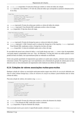 Mapeamento de Coleções.

(1)   column_name   (requerido): O nome da coluna que contém os valores de índice de coleção.
(1)   base  (opcional, valor default 0): O valor da coluna de índice que corresponde ao primeiro elemento da lis-
      ta ou array.

 <map-key
         column="column_name"                          (1)
         formula="any SQL expression"                  (2)
         type="type_name"                              (3)
         node="@attribute-name"
         length="N"/>


(1)   column  (opcional): O nome da coluna que contém os valores de índice de coleção.
(2)   formula (opcional): Uma fórmula SQL usada para avaliar a chave do mapa.
(3)   type (requerido): O tipo das chaves de mapa.

 <map-key-many-to-many
         column="column_name"                          (1)
         formula="any SQL expression"                  (2)(3)
         class="ClassName"
 />


(1)   column (opcional): O nome da foreign key para os valores do índice de coleção.
(2)   formula  (optional): A SQL formula used to evaluate the foreign key of the map key. formula (opcional):
      Uma fórmula SQL usada para avaliar a foreign key da chave do map.
(3)   class (requerido): A classe de entidade usada como a chave do map.

Se sua tabela não possui uma coluna de índice, e você ainda deseja usar uam List como o tipo de propriedade,
você pode mapear a propriedade como um <bag> do Hibernate. Um bag não retém sua ordem quando é recu-
perado do banco de dados, mas opcionalmente pode ser ordenado ou clasificado.

Existe uma grande quantidade de mapeamentos que podem ser usados para coleções, cobrindo muitos modelos
relacionais comuns. Nós sugerimos que você experimente com a ferramenta de geração de schema para ter uma
ideia de como as várias declarações de mapeamento serão traduzem nas tabelas de banco de dados.


6.2.4. Coleções de valores associações muitos-para-muitos

Qualquer coleção de valores ou associação muito-para-muitos requer uma tabela de associação dedicada com
uma ou várias colunas foreign keys, coluna de elemento de coleção ou colunas e possivelmente uma ou várias
colunas de índice.

Para uma coleção de valores, nós usamos a tag <element>.

 <element
         column="column_name"                                (1)
         formula="any SQL expression"                        (2)
         type="typename"                                     (3)
         length="L"
         precision="P"
         scale="S"
         not-null="true|false"
         unique="true|false"
         node="element-name"
 />


(1)   column  (opcional): O nome da coluna que contém os valores de elemento de coleção.
(2)   formula Uma fórmula de SQL usada para avaliar o elemento.
(3)   type (requerido): O tipo do elemento de coleção.

Uma associação muitos-para-muitos é especificada usando o elemento <many-to-many>.

Hibernate 3.2 ga                                                                                              84
 