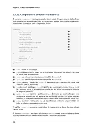Capítulo 5. Mapeamento O/R Básico



5.1.15. Componente e componente dinâmico
O elemento <component> mapeia propriedades de um objeto filho para colunas da tabela de
uma classe pai. Os componentes podem, um após o outro, declarar suas próprias propriedades,
componentes ou coleções. Veja "Components" abaixo:


<component

        name="propertyName"

        class="className"

        insert="true|false"

        update="true|false"

        access="field|property|ClassName"

        lazy="true|false"

        optimistic-lock="true|false"

        unique="true|false"
        node="element-name|."
>


        <property ...../>
        <many-to-one .... />
        ........
</component
>




     name: O nome da propriedade.
     class (opcional – padrão para o tipo de propriedade determinada por reflection): O nome
     da classe (filha) do componente.
     insert: As colunas mapeadas aparecem nos SQL de INSERTs?
     update: As colunas mapeadas aparecem nos SQL de UPDATEs?
     access (opcional - padrão para property): A estratégia que o Hiberante deve utilizar para
     acessar o valor da propriedade.
     lazy (opcional - padrão para false): Especifica que este componente deve ter uma busca
     lazy quando a função for acessada pela primeira vez. Isto requer instrumentação bytecode
     de tempo de construção.
     optimistic-lock (opcional – padrão para true): Especifica que atualizações para este
     componente requerem ou não aquisição de um bloqueio otimista. Em outras palavras,
     determina se uma versão de incremento deve ocorrer quando esta propriedade estiver suja.
     unique (opcional – valor padrão false): Especifica que existe uma unique restrição em
     todas as colunas mapeadas do componente.

A tag filha <property> acrescenta a propriedade de mapeamento da classe filha para colunas
de uma tabela.

O elemento <component> permite um sub-elemento <parent> mapeie uma propriedade da classe
do componente como uma referencia de volta para a entidade que o contém.



92
 