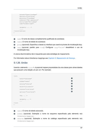 União


         extends="SuperclassName"
         abstract="true|false"
         persister="ClassName"
         subselect="SQL expression"
         entity-name="EntityName"
         node="element-name">

        <property .... />
        .....
</union-subclass
>




    name: O nome de classe completamente qualificada da subclasse.
    table: O nome da tabela da subclasse.
    proxy (opcional): Especifica a classe ou interface que usará os proxies de inicialização lazy.
    lazy (opcional, padrão para true): Configurar lazy="false" desabilitará o uso de
    inicialização lazy.

A coluna discriminatória não é requerida para esta estratégia de mapeamento.

For information about inheritance mappings see Capítulo 9, Mapeamento de Herança .

5.1.20. União
Usando o elemento <join>>, é possível mapear propriedades de uma classe para várias tabelas
que possuem uma relação um por um. Por exemplo:


<join

         table="tablename"

         schema="owner"

         catalog="catalog"

         fetch="join|select"

         inverse="true|false"

         optional="true|false">


         <key ... />


         <property ... />
         ...
</join
>




    table: O nome da tabela associada.
    schema (opcional): Sobrepõe o nome do esquema especificado pelo elemento raíz
    <hibernate-mapping>.
    catalog (opcional): Sobrepõe o nome do catálogo especificado pelo elemento raíz
    <hibernate-mapping>.



                                                                                               97
 