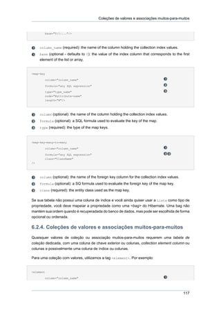 Coleções de valores e associações muitos-para-muitos


        base="0|1|..."/>




     column_name (required): the name of the column holding the collection index values.
     base (optional - defaults to 0): the value of the index column that corresponds to the first
     element of the list or array.


<map-key

        column="column_name"

        formula="any SQL expression"

        type="type_name"
        node="@attribute-name"
        length="N"/>




     column (optional): the name of the column holding the collection index values.
     formula (optional): a SQL formula used to evaluate the key of the map.
     type (required): the type of the map keys.



<map-key-many-to-many

        column="column_name"

        formula="any SQL expression"
        class="ClassName"
/>




     column (optional): the name of the foreign key column for the collection index values.
     formula (optional): a SQ formula used to evaluate the foreign key of the map key.
     class (required): the entity class used as the map key.


Se sua tabela não possui uma coluna de índice e você ainda quiser usar a Lista como tipo de
propriedade, você deve mapeiar a propriedade como uma <bag> do Hibernate. Uma bag não
mantém sua ordem quando é recuperadada do banco de dados, mas pode ser escolhida de forma
opcional ou ordenada.

6.2.4. Coleções de valores e associações muitos-para-muitos
Quaisquer valores de coleção ou associação muitos-para-muitos requerem uma tabela de
coleção dedicada, com uma coluna de chave exterior ou colunas, collection element column ou
colunas e possivelmente uma coluna de índice ou colunas.

Para uma coleção com valores, utilizamos a tag <element>. Por exemplo:


<element

        column="column_name"




                                                                                              117
 