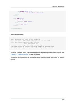 Exemplos de coleções


            <key column="parent_id"/>
             <many-to-many class="Child" column="child_id"/>
        </set>
    </class>


    <class name="Child">
        <id name="id">
             <generator class="sequence"/>
        </id>
        <property name="name"/>
    </class>


</hibernate-mapping
>




Definições das tabelas:


create table parent ( id bigint not null primary key )
create table child ( id bigint not null primary key, name varchar(255) )
create table childset ( parent_id bigint not null,
                          child_id bigint not null,
                          primary key ( parent_id, child_id ) )
alter table childset add constraint childsetfk0 (parent_id) references parent
alter table childset add constraint childsetfk1 (child_id) references child




For more examples and a complete explanation of a parent/child relationship mapping, see
Capítulo 22, Exemplo: Pai/Filho for more information.

Até mesmo o mapeamento de associações mais complexos serão discutimos no próximo
capítulo.




                                                                                           129
 