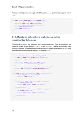 Capítulo 9. Mapeamento de Her...



Para essa estratégia, uma associação polimórfica para Payment geralmente é mapeada usando
<any>.



<any name="payment" meta-type="string" id-type="long">
    <meta-value value="CREDIT" class="CreditCardPayment"/>
    <meta-value value="CASH" class="CashPayment"/>
    <meta-value value="CHEQUE" class="ChequePayment"/>
    <column name="PAYMENT_CLASS"/>
    <column name="PAYMENT_ID"/>
</any
>




9.1.7. Mesclando polimorfismo implícito com outros
mapeamentos de herança

Existe ainda um item a ser observado sobre este mapeamento. Como as subclasses são
mapeadas em seu próprio elemento <class>, e como o Payment é apenas uma interface, cada
uma das subclasses pode ser facilmente parte de uma outra hierarquia de herança! (E você ainda
pode usar pesquisas polimórficas em cima da interface Payment.)


<class name="CreditCardPayment" table="CREDIT_PAYMENT">
    <id name="id" type="long" column="CREDIT_PAYMENT_ID">
         <generator class="native"/>
    </id>
    <discriminator column="CREDIT_CARD" type="string"/>
    <property name="amount" column="CREDIT_AMOUNT"/>
    ...
    <subclass name="MasterCardPayment" discriminator-value="MDC"/>
    <subclass name="VisaPayment" discriminator-value="VISA"/>
</class>

<class name="NonelectronicTransaction" table="NONELECTRONIC_TXN">
    <id name="id" type="long" column="TXN_ID">
        <generator class="native"/>
    </id>
    ...
    <joined-subclass name="CashPayment" table="CASH_PAYMENT">
        <key column="PAYMENT_ID"/>
        <property name="amount" column="CASH_AMOUNT"/>
          ...
      </joined-subclass>
      <joined-subclass name="ChequePayment" table="CHEQUE_PAYMENT">
          <key column="PAYMENT_ID"/>
          <property name="amount" column="CHEQUE_AMOUNT"/>
          ...
    </joined-subclass>
</class
>




156
 