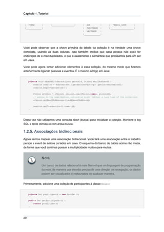 Capítulo 1. Tutorial


|    TITLE     |       |__________________|      |   AGE       |     |     *EMAIL_ADDR   |
|_____________|                                  | FIRSTNAME |       |___________________|
                                                 | LASTNAME    |
                                                 |_____________|




Você pode observar que a chave primária da tabela da coleção é na verdade uma chave
composta, usando as duas colunas. Isso também implica que cada pessoa não pode ter
endereços de e-mail duplicados, o que é exatamente a semântica que precisamos para um set
em Java.

Você pode agora tentar adicionar elementos à essa coleção, do mesmo modo que fizemos
anteriormente ligando pessoas e eventos. É o mesmo código em Java:


     private void addEmailToPerson(Long personId, String emailAddress) {
         Session session = HibernateUtil.getSessionFactory().getCurrentSession();
         session.beginTransaction();


         Person aPerson = (Person) session.load(Person.class, personId);
         // adding to the emailAddress collection might trigger a lazy load of the collection
         aPerson.getEmailAddresses().add(emailAddress);


         session.getTransaction().commit();
     }




Desta vez não utilizamos uma consulta fetch (busca) para inicializar a coleção. Monitore o log
SQL e tente otimizá-lo com árdua busca.

1.2.5. Associações bidirecionais
Agora iremos mapear uma associação bidirecional. Você fará uma associação entre o trabalho
person e event de ambos os lados em Java. O esquema do banco de dados acima não muda,
de forma que você continua possuir a multiplicidade muitos-para-muitos.


               Nota

               Um banco de dados relacional é mais flexível que um linguagem de programação
               da rede, de maneira que ele não precisa de uma direção de navegação; os dados
               podem ser visualizados e restaurados de qualquer maneira.


Primeiramente, adicione uma coleção de participantes à classe Event:


     private Set participants = new HashSet();


     public Set getParticipants() {
         return participants;
     }




20
 