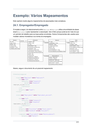 Exemplo: Vários Mapeamentos
Este capítulo mostra algums mapeamentos de associações mais complexos.

24.1. Empregador/Empregado
O modelo a seguir, do relacionamento entre Employer e Employee utiliza uma entidade de classe
atual (Employment) para representar a associação. Isto é feito porque pode-se ter mais do que
um período de trabalho para as duas partes envolvidas. Outros Componentes são usados para
modelar valores monetários e os nomes do empregado.




Abaixo, segue o documento de um possível mapeamento:


<hibernate-mapping>


    <class name="Employer" table="employers">
        <id name="id">
             <generator class="sequence">
                 <param name="sequence"
>employer_id_seq</param>
             </generator>
        </id>
        <property name="name"/>
    </class>


    <class name="Employment" table="employment_periods">


        <id name="id">
           <generator class="sequence">
               <param name="sequence"
>employment_id_seq</param>
            </generator>
        </id>
        <property name="startDate" column="start_date"/>
        <property name="endDate" column="end_date"/>


        <component name="hourlyRate" class="MonetaryAmount">
            <property name="amount">




                                                                                         311
 