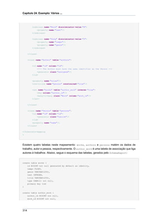 Capítulo 24. Exemplo: Vários ...




          <subclass name="Book" discriminator-value="B">
              <property name="text"/>
          </subclass>


          <subclass name="Song" discriminator-value="S">
              <property name="tempo"/>
              <property name="genre"/>
          </subclass>


      </class>


      <class name="Author" table="authors">


          <id name="id" column="id">
              <!-- The Author must have the same identifier as the Person -->
              <generator class="assigned"/>
          </id>


          <property name="alias"/>
          <one-to-one name="person" constrained="true"/>


          <set name="works" table="author_work" inverse="true">
              <key column="author_id"/>
              <many-to-many class="Work" column="work_id"/>
          </set>


      </class>


      <class name="Person" table="persons">
          <id name="id" column="id">
              <generator class="native"/>
          </id>
          <property name="name"/>
      </class>


</hibernate-mapping
>




Existem quatro tabelas neste mapeamento: works, authors e persons matém os dados de
trabalho, autor e pessoa, respectivamente. O author_work é uma tabela de associação que liga
autores à trabalhos. Abaixo, segue o esquema das tabelas, gerados pelo SchemaExport:


create table works (
    id BIGINT not null generated by default as identity,
      tempo FLOAT,
      genre VARCHAR(255),
      text INTEGER,
      title VARCHAR(255),
      type CHAR(1) not null,
      primary key (id)
)


create table author_work (
    author_id BIGINT not null,
      work_id BIGINT not null,




314
 