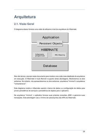 Arquitetura
2.1. Visão Geral
O diagrama abaixo fornece uma visão de altíssimo nível da arquitetura do Hibernate:




                                     Application
                                 Persistent Objects

                                   HIBERNATE
                            hibernate.               XML Mapping
                            properties




                                      Database


Nós não temos o escopo neste documento para mostrar uma visão mais detalhada da arquitetura
em execução. O Hibernate é muito flexível e suporta várias abordagens. Mostraremos os dois
extremos. No entanto, nós apresentaremos os dois extremos: arquitetura "mínima" e arquitetura
"compreensiva".

Este diagrama mostra o Hibernate usando o banco de dados e a configuração de dados para
prover persistência de serviços e persistência de objetos para o aplicativo.

Na arquitetura "mínima", o aplicativo fornece suas próprias conexões JDBC e gerencia suas
transações. Esta abordagem usa o mínimo de subconjuntos das APIs do Hibernate:




                                                                                          29
 