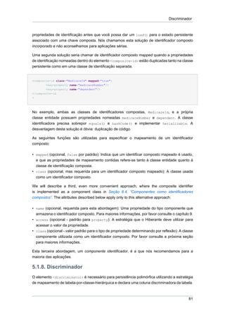 Discriminador



propriedades de identificação antes que você possa dar um load() para o estado persistente
associado com uma chave composta. Nós chamamos esta solução de identificador composto
incorporado e não aconselhamos para aplicações sérias.

Uma segunda solução seria chamar de identificador composto mapped quando a propriedades
de identificação nomeadas dentro do elemento <composite-id> estão duplicadas tanto na classe
persistente como em uma classe de identificação separada.


<composite-id class="MedicareId" mapped="true">
        <key-property name="medicareNumber"/>
        <key-property name="dependent"/>
</composite-id
>




No exemplo, ambas as classes de identificadores compostas, MedicareId, e a própria
classe entidade possuem propriedades nomeadas medicareNumber e dependent. A classe
identificadora precisa sobrepor equals() e hashCode() e implementar Serializable. A
desvantagem desta solução é óbvia: duplicação de código.

As seguintes funções são utilizadas para especificar o mapeamento de um identificador
composto:

• mapped (opcional, false por padrão): Indica que um identificar composto mapeado é usado,
  e que as propriedades de mapeamento contidas refere-se tanto à classe entidade quanto à
  classe de identificação composta.
• class (opcional, mas requerida para um identificador composto mapeado): A classe usada
  como um identificador composto.

We will describe a third, even more convenient approach, where the composite identifier
is implemented as a component class in Seção 8.4, “Componentes como identificadores
compostos”. The attributes described below apply only to this alternative approach:

• name (opcional, requerida para esta abordagem): Uma propriedade do tipo componente que
  armazena o identificador composto. Para maiores informações, por favor consulte o capítulo 9.
• access (opcional - padrão para property): A estratégia que o Hiberante deve utilizar para
  acessar o valor da propriedade.
• class (opcional - valor padrão para o tipo de propriedade determinando por reflexão): A classe
  componente utilizada como um identificador composto. Por favor consulte a próxima seção
  para maiores informações.

Esta terceira abordagem, um componente identificador, é a que nós recomendamos para a
maioria das aplicações.

5.1.8. Discriminador
O elemento <discriminator> é necessário para persistência polimórfica utilizando a estratégia
de mapeamento de tabela-por-classe-hierárquica e declara uma coluna discriminadora da tabela.



                                                                                             81
 