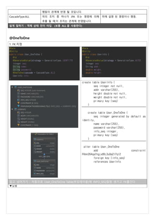 행동이 관계에 반영 될 것입니다.
CascadeType.ALL 위의 조치 중 하나가 JPA 또는 명령에 의해
호출 될 때,이 조치는 관계에 반영됩니다.
위에 설명 된 명령이나 행동.
쉽게 말하기 : 객체 상태 전이 타입 (보통 ALL 을 사용한다)
@OneToOne
1. FK 지정
@Data
@Entity
public class User_OneToOne {
@Id
@GeneratedValue(strategy = GenerationType.IDENTITY)
Integer seq;
String name;
String password;
@OneToOne(cascade = CascadeType.ALL)
UserInfo info;
}
@Data
@Entity
public class UserInfo {
@Id
@GeneratedValue(strategy = GenerationType.AUTO)
Integer seq;
String addr;
double weight;
double height;
}
create table UserInfo (
seq integer not null,
addr varchar(255),
height double not null,
weight double not null,
primary key (seq)
)
create table User_OneToOne (
seq integer generated by default as
identity,
name varchar(255),
password varchar(255),
info_seq integer,
primary key (seq)
)
alter table User_OneToOne
add constraint
FKmn264qa7ngjx89j3u9a2l7ql2
foreign key (info_seq)
references UserInfo
집고 넘어가기 : 자동으로 User_OneToOne Table(부모테이블)에 INFO_SEQ컬럼 생기고 FK를건다
▼실행
 