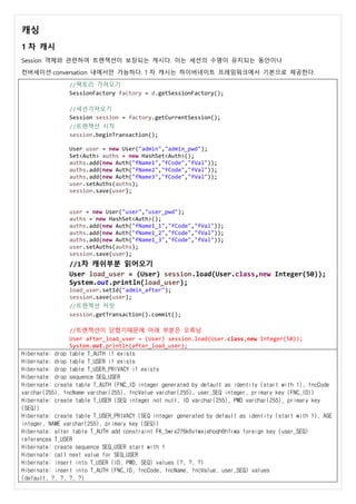 캐싱
1 차 캐시
Session 객체와 관련하여 트랜잭션이 보장되는 캐시다. 이는 세션의 수명이 유지되는 동안이나
컨버세이션 conversation 내에서만 가능하다. 1 차 캐시는 하이버네이트 프레임워크에서 기본으로 제공한다.
//팩토리 가져오기
SessionFactory factory = d.getSessionFactory();
//세션가져오기
Session session = factory.getCurrentSession();
//트랜젝션 시작
session.beginTransaction();
User user = new User("admin","admin_pwd");
Set<Auth> auths = new HashSet<Auth>();
auths.add(new Auth("fName1","fCode","fVal"));
auths.add(new Auth("fName2","fCode","fVal"));
auths.add(new Auth("fName3","fCode","fVal"));
user.setAuths(auths);
session.save(user);
user = new User("user","user_pwd");
auths = new HashSet<Auth>();
auths.add(new Auth("fName1_1","fCode","fVal"));
auths.add(new Auth("fName1_2","fCode","fVal"));
auths.add(new Auth("fName1_3","fCode","fVal"));
user.setAuths(auths);
session.save(user);
//1차 캐쉬부분 읽어오기
User load_user = (User) session.load(User.class,new Integer(50));
System.out.println(load_user);
load_user.setId("admin_after");
session.save(user);
//트랜젝션 커밋
session.getTransaction().commit();
//트랜젝션이 닫혔기때문에 아래 부분은 오류남
User after_load_user = (User) session.load(User.class,new Integer(50));
System.out.println(after_load_user);
Hibernate: drop table T_AUTH if exists
Hibernate: drop table T_USER if exists
Hibernate: drop table T_USER_PRIVACY if exists
Hibernate: drop sequence SEQ_USER
Hibernate: create table T_AUTH (FNC_ID integer generated by default as identity (start with 1), fncCode
varchar(255), fncName varchar(255), fncValue varchar(255), user_SEQ integer, primary key (FNC_ID))
Hibernate: create table T_USER (SEQ integer not null, ID varchar(255), PWD varchar(255), primary key
(SEQ))
Hibernate: create table T_USER_PRIVACY (SEQ integer generated by default as identity (start with 1), AGE
integer, NAME varchar(255), primary key (SEQ))
Hibernate: alter table T_AUTH add constraint FK_5wrx276k6vlwxjehoqh6h1rwa foreign key (user_SEQ)
references T_USER
Hibernate: create sequence SEQ_USER start with 1
Hibernate: call next value for SEQ_USER
Hibernate: insert into T_USER (ID, PWD, SEQ) values (?, ?, ?)
Hibernate: insert into T_AUTH (FNC_ID, fncCode, fncName, fncValue, user_SEQ) values
(default, ?, ?, ?, ?)
 