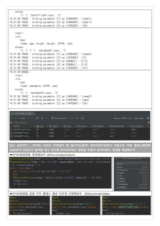 values
(?, ?, 'UserOfficePrivacy', ?)
16:31:06 TRACE : binding parameter [1] as [VARCHAR] - [name1]
16:31:06 TRACE : binding parameter [2] as [VARCHAR] - [addr1]
16:31:06 TRACE : binding parameter [3] as [INTEGER] - [50]
insert
into
User
(name, age, height, weight, DTYPE, seq)
values
(?, ?, ?, ?, 'UserBodyPrivacy', ?)
16:31:06 TRACE : binding parameter [1] as [VARCHAR] - [name2]
16:31:06 TRACE : binding parameter [2] as [INTEGER] - [2]
16:31:06 TRACE : binding parameter [3] as [DOUBLE] - [2.0]
16:31:06 TRACE : binding parameter [4] as [DOUBLE] - [2.0]
16:31:06 TRACE : binding parameter [5] as [INTEGER] - [51]
16:31:06 DEBUG :
insert
into
User
(name, password, DTYPE, seq)
values
(?, ?, 'UserBankPrivacy', ?)
16:31:06 TRACE : binding parameter [1] as [VARCHAR] - [name2]
16:31:06 TRACE : binding parameter [2] as [VARCHAR] - [pwd]
16:31:06 TRACE : binding parameter [3] as [INTEGER] - [52]
집고 넘어가기 : DTYPE 저것은 무엇일까 왜 들어가는걸까? 하이버네이트에서 자동으로 어떤 클래스에의해
INSERT가 되었는지 출처를 알수 있도록 DTYPE이라는 컬럼을 만들어 넣어버렸다. 문제를 해결해보자
▼DTYPE컬럼명을 변경해보자 @DiscriminatorColumn
@DiscriminatorColumn(name="CLASS_TYPE", discriminatorType=DiscriminatorType.STRING)
@SequenceGenerator(name = User.SEQ_NAME, sequenceName = User.SEQ_NAME, initialValue
= 50, allocationSize = 1)
public class User {
public static final String SEQ_NAME = "SEQ_USER";
@Id
@GeneratedValue(strategy = GenerationType.SEQUENCE, generator = SEQ_NAME)
Integer seq;
String name;
}
▼DTYPE컬럼을 값을 각각 클래스 별로 다르게 지정해보자 @DiscriminatorValue
@Data
@Entity
@DiscriminatorValue(value="BANK")
public class UserBankPrivacy
extends User{
String password;
@Data
@Entity
@DiscriminatorValue(value="BODY")
public class UserBodyPrivacy extends
User{
Integer age;
@Data
@Entity
@DiscriminatorValue(value="OFFICE")
public class UserOfficePrivacy extends
User{
String address;
 