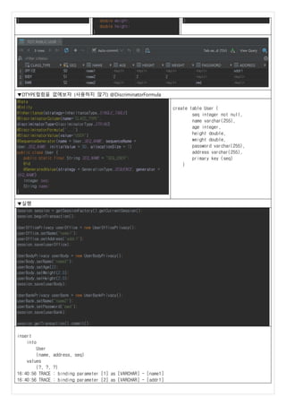 } double weight;
double height;
}
}
▼DTYPE컬럼을 없에보자 (사용하지 않기) @DiscriminatorFormula
@Data
@Entity
@Inheritance(strategy=InheritanceType.SINGLE_TABLE)
@DiscriminatorColumn(name="CLASS_TYPE",
discriminatorType=DiscriminatorType.STRING)
@DiscriminatorFormula("...")
@DiscriminatorValue(value="USER")
@SequenceGenerator(name = User.SEQ_NAME, sequenceName =
User.SEQ_NAME, initialValue = 50, allocationSize = 1)
public class User {
public static final String SEQ_NAME = "SEQ_USER";
@Id
@GeneratedValue(strategy = GenerationType.SEQUENCE, generator =
SEQ_NAME)
Integer seq;
String name;
}
create table User (
seq integer not null,
name varchar(255),
age integer,
height double,
weight double,
password varchar(255),
address varchar(255),
primary key (seq)
)
▼실행
Session session = getSessionFactory().getCurrentSession();
session.beginTransaction();
UserOfficePrivacy userOffice = new UserOfficePrivacy();
userOffice.setName("name1");
userOffice.setAddress("addr1");
session.save(userOffice);
UserBodyPrivacy userBody = new UserBodyPrivacy();
userBody.setName("name2");
userBody.setAge(2);
userBody.setWeight(2.0);
userBody.setHeight(2.0);
session.save(userBody);
UserBankPrivacy userBank = new UserBankPrivacy();
userBank.setName("name2");
userBank.setPassword("pwd");
session.save(userBank);
session.getTransaction().commit();
insert
into
User
(name, address, seq)
values
(?, ?, ?)
16:40:56 TRACE : binding parameter [1] as [VARCHAR] - [name1]
16:40:56 TRACE : binding parameter [2] as [VARCHAR] - [addr1]
 