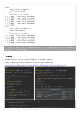 select
user0_.USER_SEQ as USER_SEQ1_0_,
user0_.name as name2_0_
from
User user0_ limit ? offset ?
15:01:19 DEBUG : -->User(seq=31, name=name31)
15:01:19 DEBUG : -->User(seq=32, name=name32)
15:01:19 DEBUG : -->User(seq=33, name=name33)
15:01:19 DEBUG : -->User(seq=34, name=name34)
15:01:19 DEBUG : -->User(seq=35, name=name35)
15:01:19 DEBUG : -----------
select
user0_.USER_SEQ as USER_SEQ1_0_,
user0_.name as name2_0_
from
User user0_ limit ? offset ?
15:01:19 DEBUG : -->User(seq=41, name=name41)
15:01:19 DEBUG : -->User(seq=42, name=name42)
15:01:19 DEBUG : -->User(seq=43, name=name43)
15:01:19 DEBUG : -->User(seq=44, name=name44)
15:01:19 DEBUG : -->User(seq=45, name=name45)
집고 넘어가기 : 페이징 처리에 아주 유용하게 사용할수 있다. 각각 DB종류 에따라 limt를 걸지 rownum을걸지
이것또한 hibernate가 알아서 해준다
Criteria
하이버네이트에서는 criteria 를 도입하여 필터링의 또 다른 방법을 제공합니다.
Criteria 와 Restrictions 클래스를 이용하여 좀더 편하게 필터링을 해보자구요~
https://docs.jboss.org/hibernate/orm/5.0/userguide/html_single/chapters/query/criteria/Criteria.html
@Data
@Entity
@SequenceGenerator(name = User.SEQ_NAME,
sequenceName = User.SEQ_NAME, allocationSize =
1)
public class User {
public static final String SEQ_NAME =
"SEQ_USER";
@Id
@GeneratedValue(strategy =
GenerationType.SEQUENCE)
@Column(name = "USER_SEQ")
Integer seq;
String name;
public User() {}
public User(String name,List<Car> cars)
{this.name=name;this.cars=cars;}
@OneToMany(cascade = CascadeType.ALL)
@JoinColumn(name = "USER_SEQ")
List<Car> cars;
}
@Data
@Entity
@SequenceGenerator(name = Car.SEQ_NAME, sequenceName =
Car.SEQ_NAME, allocationSize = 1)
public class Car {
public static final String SEQ_NAME = "SEQ_CAR";
@Id
@GeneratedValue(strategy = GenerationType.SEQUENCE, generator =
SEQ_NAME)
Integer seq;
String model;
public Car() {}
public Car(String model) {this.model=model;}
}
Session session = getSessionFactory().getCurrentSession();
session.beginTransaction();
IntStream.range(1,5).forEach(it->{
User user = new User("name_"+it, Arrays.asList(new Car("CAR_"+it),new Car("TRUCK_"+it)));
 