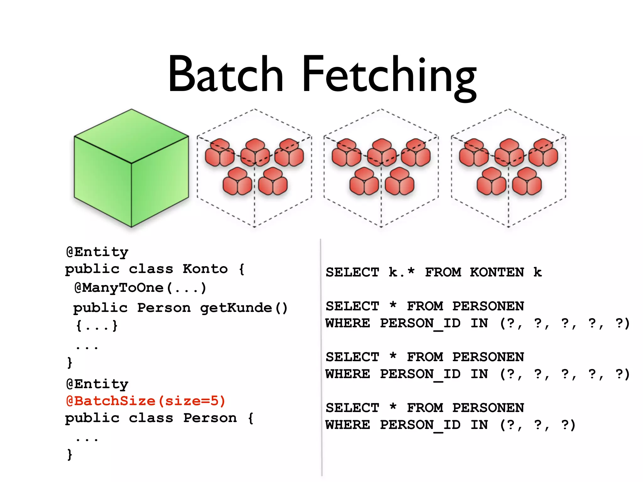 Batch Fetching


@Entity
public class Konto {        SELECT k.* FROM KONTEN k
 @ManyToOne(...)
 public Person getKunde()   SELECT * FROM PERSONEN
  {...}                     WHERE PERSON_ID IN (?, ?, ?, ?, ?)
 ...
}                           SELECT * FROM PERSONEN
                            WHERE PERSON_ID IN (?, ?, ?, ?, ?)
@Entity
@BatchSize(size=5)          SELECT * FROM PERSONEN
public class Person {       WHERE PERSON_ID IN (?, ?, ?)
 ...
}
 
